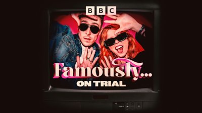 A composite image of a man and woman wearing sunglasses, holding their hands up as if they are being photographed by paparazzi. It is shown on television. Famous... Under trial Text