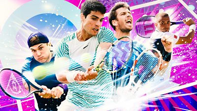 composite image showing action shots of four male tennis players. special effects around the tennis balls to demonstrate how fast they're being hit