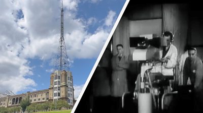 Split thumbnail: Alexandra Palace in north London (Left) and BBC Camera operator using the EMI electronic camera in 1936 (Right)