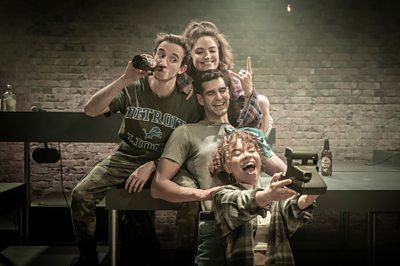 Old Bridge by Igor Memic, winner of the 2020 Papatango Prize (actors shown are Emilio Iannucci, Saffron Coomber, Dino Kelly and Rosie Gray), (Photo credit: Marc Brenner)