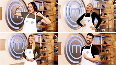 Collage of Charlotte Crosby; Chloe Burrows; Christine McGuinness; Craig Doyle in the MasterChef kitchen