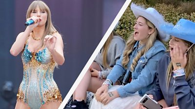 Split thumbnail: Taylor Swift at the Eras tour in London (Left) Fans singing outside Wembley stadium (Right)
