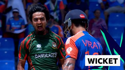 Bangladesh's Tanzim Hasan Sakib reacts to wicket against India in T20 World Cup on June 22 2024