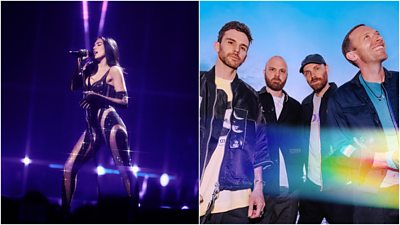 Left image of Dua Lipa singing into a microphone with purple lights. Right image of Coldplay with multicoloured light across image