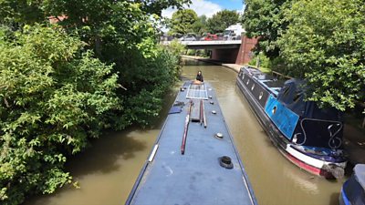 An aerial view of a canal boat in Bicester