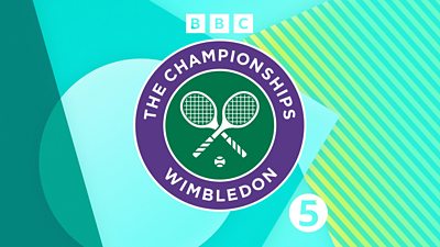 The Championships Wimbledon logo features a set of white crossed tennis rackets and a tennis ball in a dark green circle. It's surrounded by a purple circle and set on a backdrop of blue and green shapes.