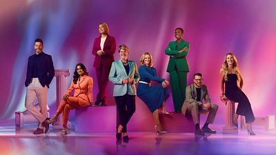composite image featuring Fred Sirieix, Isa Guha, Hazel Irvine, Clare Balding, Gabby Logan, Jeanette Kwakye, JJ Chalmers, Laura Kenny  with a purple backround