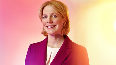 Composite image of Hazel Irvine smiling to camera. She's wearing a magenta pink blazer. Background of blurred pastel pinks and purples