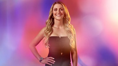 Composite image of Laura Kenny smiling to camera. She's wearing a strapless black dress with her hand on her hip. Background of blurred pastel pinks and purples