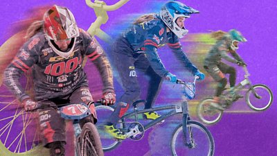 composite image of three people riding bmx bikes. colours blur behind them to show they're moving fast