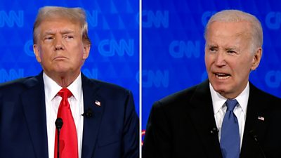 Donald Trump and Joe Biden with screen split down the middle