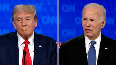 Donald Trump and Joe Biden with screen split down the middle