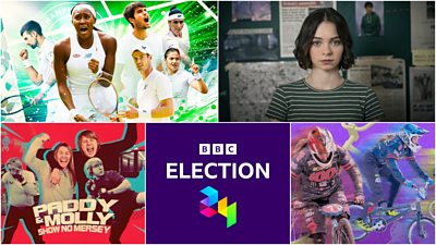 composite image showing key artwork for programmes: Wimbledon, A Good Girl's Guide to Murder, Paddy & Molly: Show No Mersey; tv Election, BMX All Stars