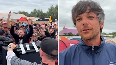 Split screen image shows people watching a TV at Glastonbury and Louis Tomlinson