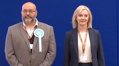 Former prime minister Liz Truss waits to hear the result of the South West Norfolk count.