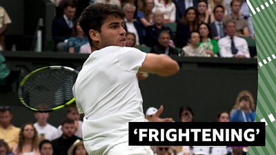 Carlos Alcaraz wins a point against Ugo Humbert with a brilliant forehand at Wimbledon
