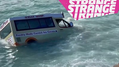 An ice cream van in the sea and the Strange logo