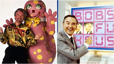 Two photos from classic BBC shows. On the left is an image of Noel Edmonds and Mr Blobby. On the right is Bob Monkhouse pointing to branding for Bob’s Full House. | BBC Unveils New Season of Classic Entertainment