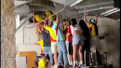 Fans climbing into ventilation shaft