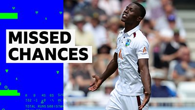 West Indies' Shamar Joseph reacts to dropped chance