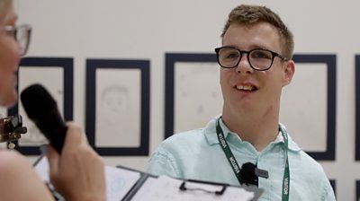 Harrison Holmes, the radio DJ with cerebral palsy, during his school assembly