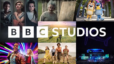 Collage of 鶹Լ Studios content (Time series 2, Einstien and the Bomb, Bluey, Planet Earth III, The Coronation Concert and Doctor Who) overlaid with a 鶹Լ Studios logo. 