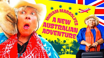 composite image showing Miriam Margoyles looking shocked that a camel is resting it's head on her shoulder.  Miriam looking to camera holding a suitcase on the right.  Miriam Margolyes: A New Australian Adventure in pink text on a yellow background