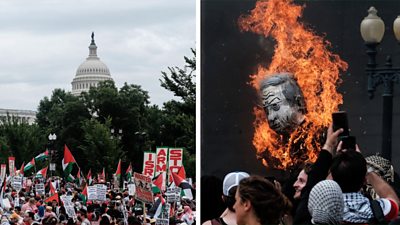 Split screen image with US Capitol and protesters on the left and a burning figurine on Netanyahu on the right