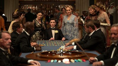 Characters Leah Liebermann, Max Liebermann, Clara Weiss round a poker table in formal wear