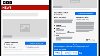 Illustration of how content credentials are displayed on the ÃÛÑ¿´«Ã½ News website.