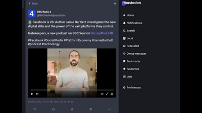 Radio 4 feed on Mastodon showing a video about Facebook