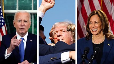 Split screen with Joe Biden, Donald Trump after assassination attempt and Kamala Harris speaking