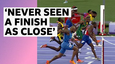 Watch as the USA's Noah Lyles wins the 100m gold at the Paris 2024 Olympics