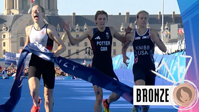 Watch as team GB secure a bronze medal in the triathlon mixed team relay.