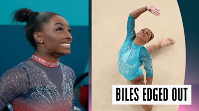 Watch as Team USA's Biles is edged out of a gold medal by Brazil's Rebeca Andrade in the women's floor final.