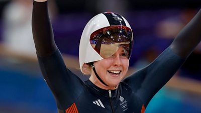 Emma Finucane of Great Britain celebrates winning Olympic gold in the Track Cycling Women's Team Sprint at the 2024 Paris Games