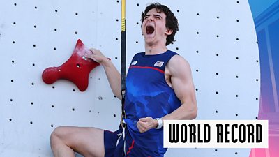 Watch as the USA's Sam Watson sets a new world record for the men's speed climbing at the Paris 2024 Olympics