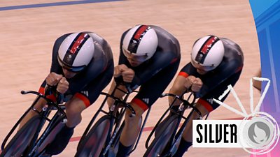 Watch as team GB win silver in men's team pursuit final against Australia.