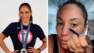 Split screen showing Olympian with medal and her applying makeup from a social media video