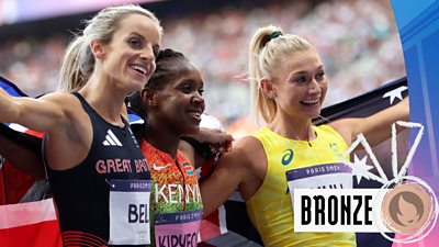 GB's Georgia Bell, gold medallist Faith Kipyegon and bronze medallist Jessica Hull