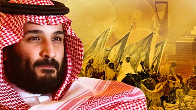 composite image showing close up of Mohammed bin Salman with people in the background on camera holding flags 