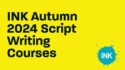 The text 'Ink autumn 2024 script writing courses' on a yellow background with the ink logo in the corner