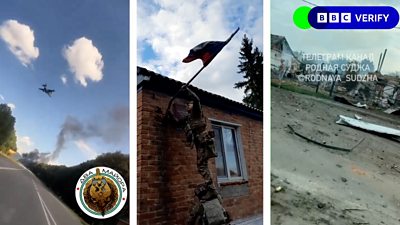 Composite image shows an aeroplane in the air, a Russian flag being removed and debris on a road