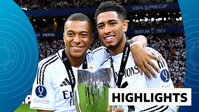 Kylian Mbappe and Jude Bellingham with the Uefa Super Cup