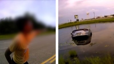 A boy points with his face blurred out at a half-submerged car on the other side of a split screen