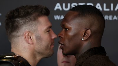 UFC fighters Dricus du Plessis and Israel Adesanya head-to-head in a stare off