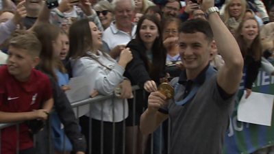 Rhys McClenaghan was greeted by the crowd in Newtownards on Friday evening