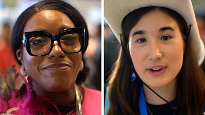 Split screen showing two Democratic female voters