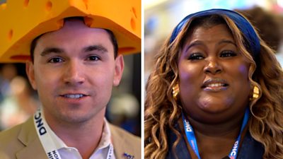 Split screen with young man in cheese hat and young woman at DNC