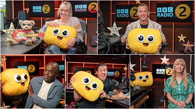 collage showing Jo Whiley, Scott Mills, Trevor Nelson, Vernon Kay and Sara Cox with a cushion of the CBeebies logo